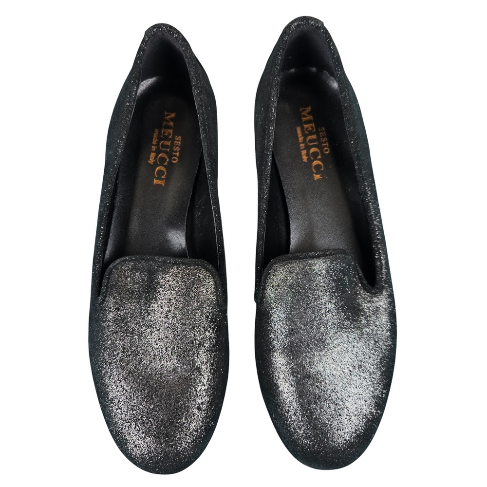 Sesto Meucci Womens Black Glitter Loafers Flats Shoes Size 6.5 M Italy‎ Designer